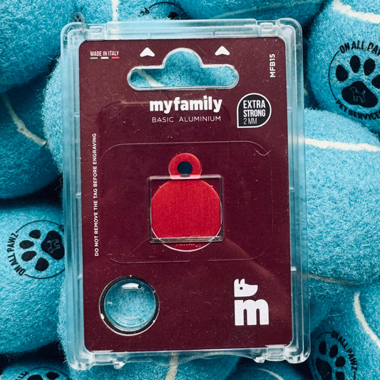 Red family planning device packaging with 'myfamily' branding on a blue textured background.