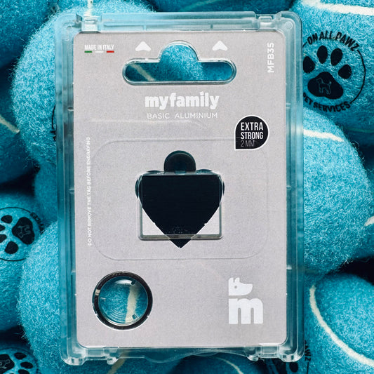 MyFamily basic aluminium product packaging with blue paw prints in the background