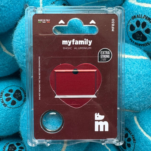 Red metal switch in clear packaging with 'myfamily' branding on a blue textured background.