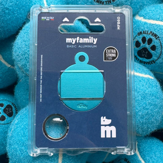 myfamily pet product packaging on a blue background