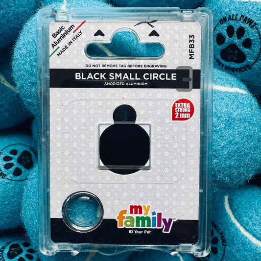 Pet ID tag packaging with 'my family' branding on a blue paw print background