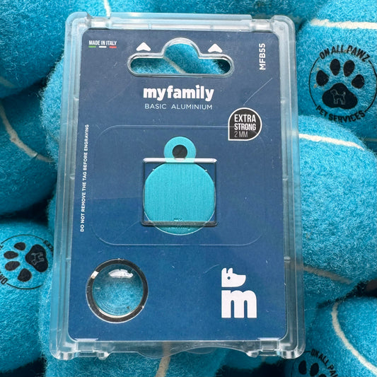 Blue plastic bag with 'myfamily' branding on a blue background