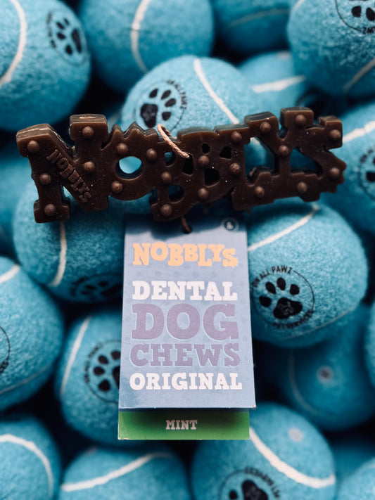 A close-up of a brown dental chew treat for dogs with 'Nobblys' branding visible, placed against a background of blue dog toys with paw prints.