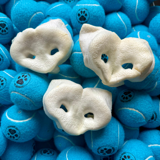 Blue tennis balls with paw prints and white dog treats on top