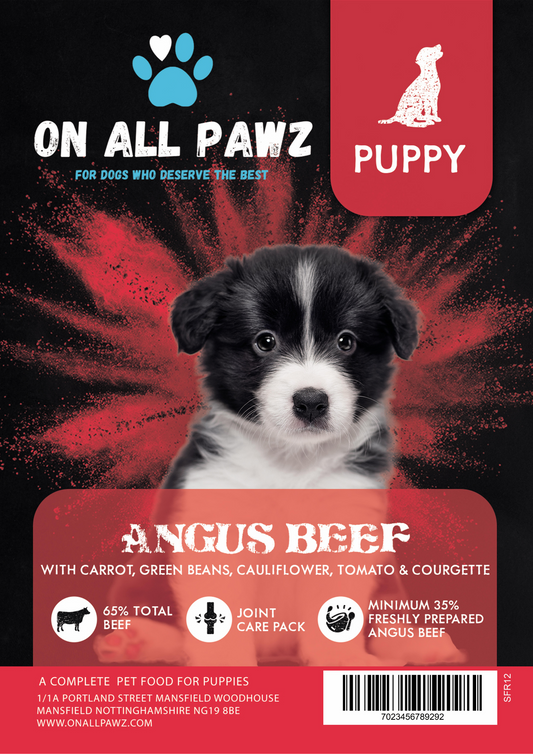 Dog food package for puppies with a black and white puppy on a red and black background, featuring 'On All Pawz' branding.