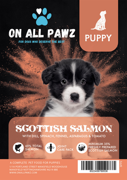 Dog food package for puppies with Scottish Salmon flavor on a dark background