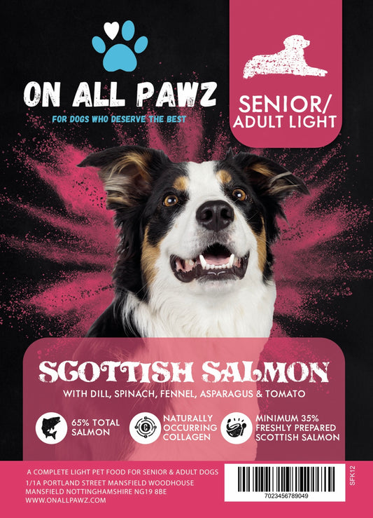 Dog food package for senior and adult light dogs with Scottish salmon flavor on a dark background