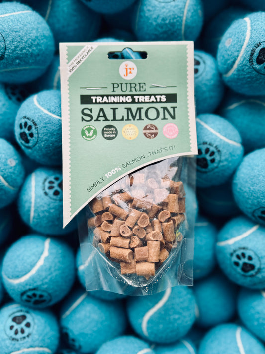 A package of JR Pet Pure Training Treats Salmon 85g, with the product visible through the transparent packaging.