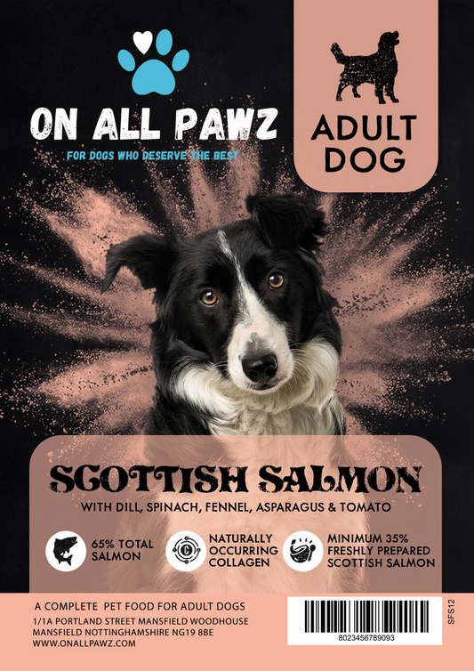 Dog food package with a black and white dog, 'On All Pawz' branding, and Scottish Salmon flavor details.