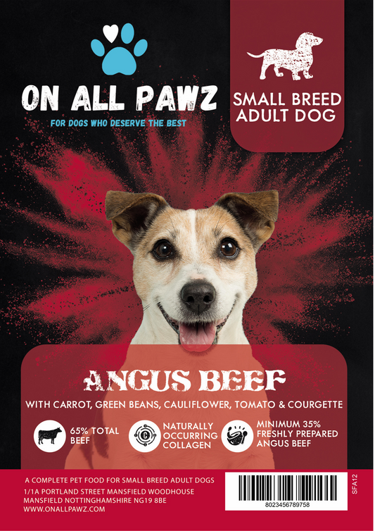 Dog food package for small breed adult dogs with a red and black design featuring a dog's face.