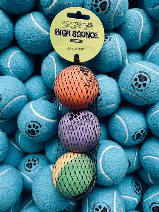 Stack of blue tennis balls with colorful textured balls on top, branded 'Sportspet'.