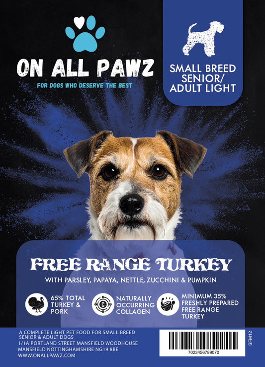 Dog food package label for 'On All Pawz' with a dog's face and product details.