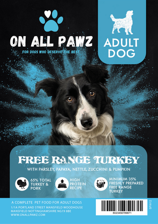 Dog food package with a black and white dog on a blue and black background, featuring 'On All Paws' branding.