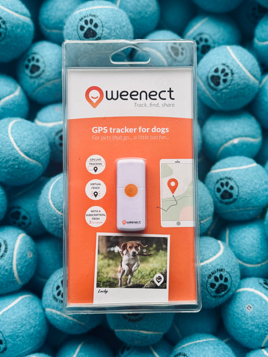 Packaging of Weenect Dog GPS Tracker with the product visible inside, placed on a background of blue tennis balls.