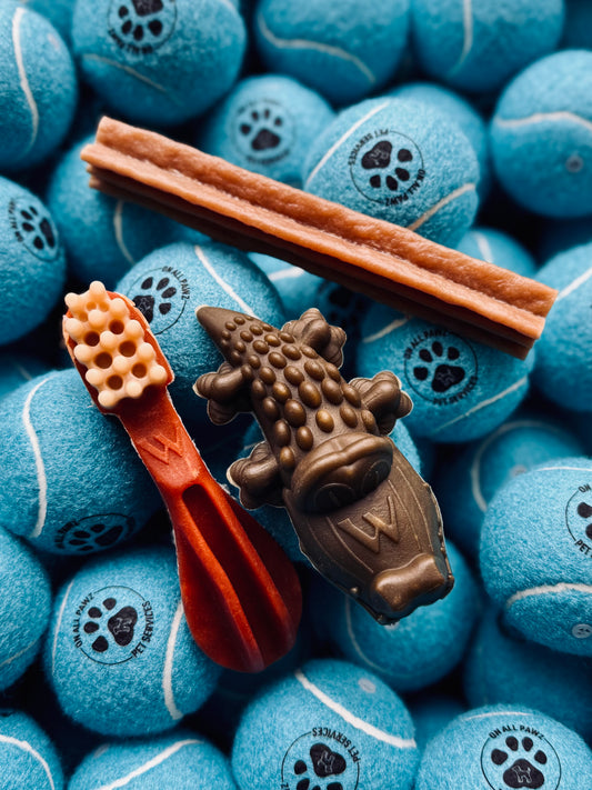 A selection of Whimzees dog chews displayed on a surface, featuring different shapes and flavors such as dental sticks and animal figures, surrounded by blue tennis balls each with a paw print design.